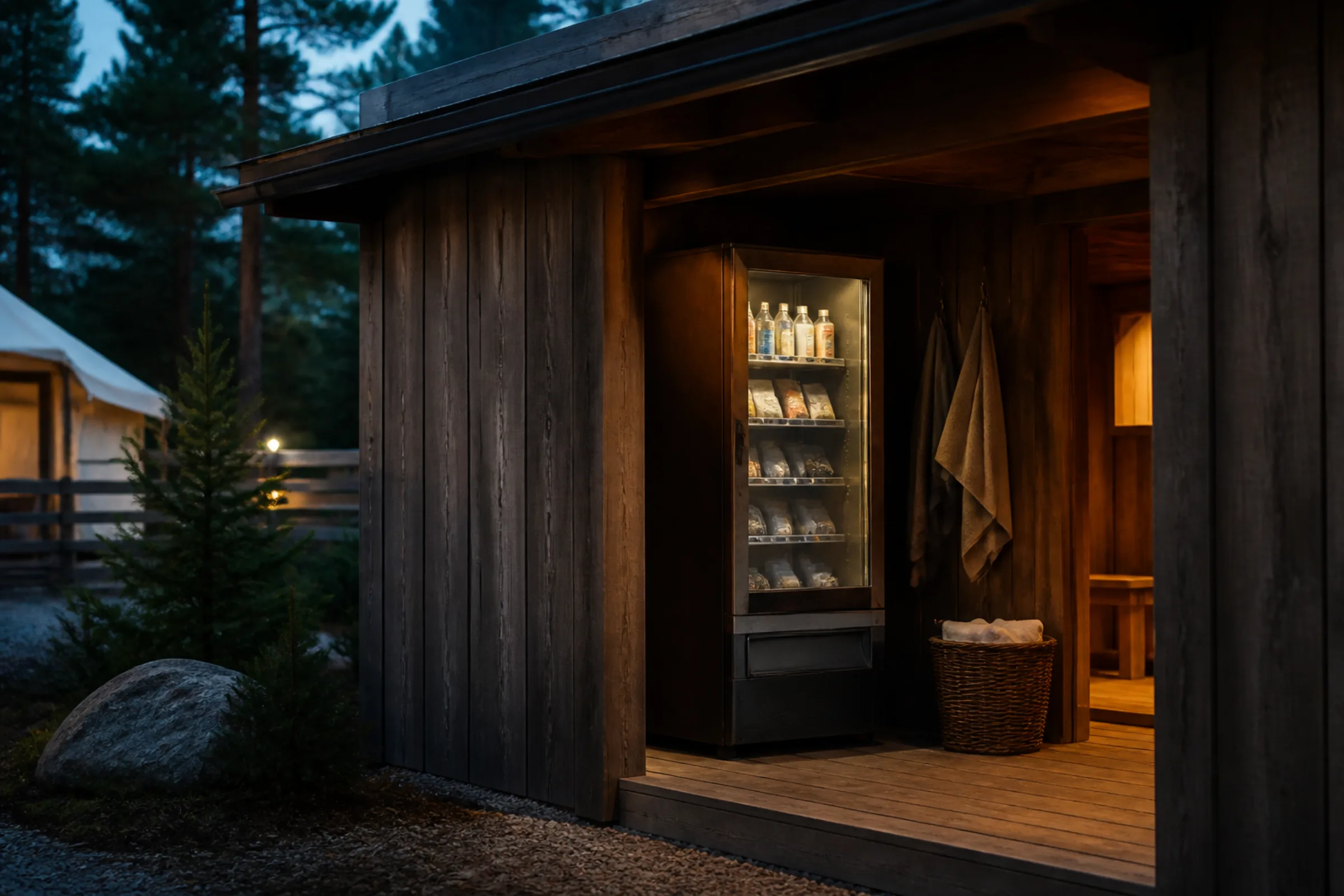 Varuautomat placerad i ett uthus med trävägg, diskret belyst