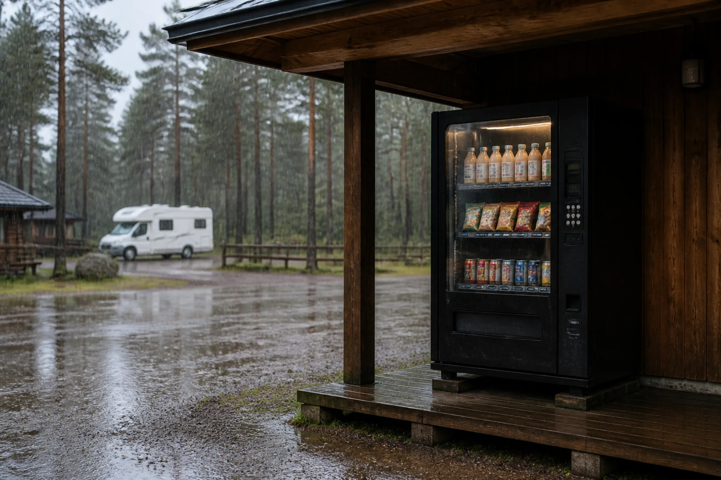 Varuautomat under ett skärmtak medan det regnar, med blöt mark framför
