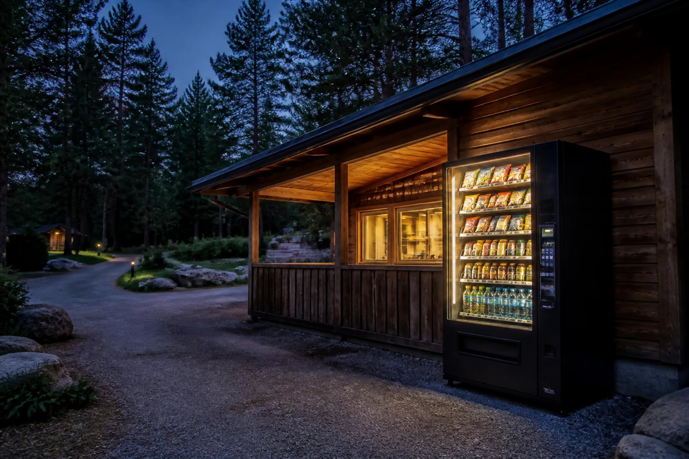 Upplyst varuautomat vid en campingreceptions träfasad i skymning, med grusgång och tallar i bakgrunden