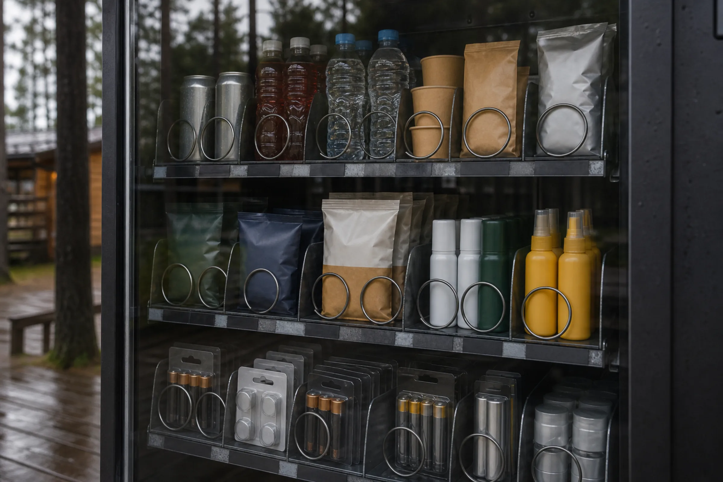 Automatens fack sedda genom glaset med blandat sortiment: dryck, kaffe, batterier och myggmedel