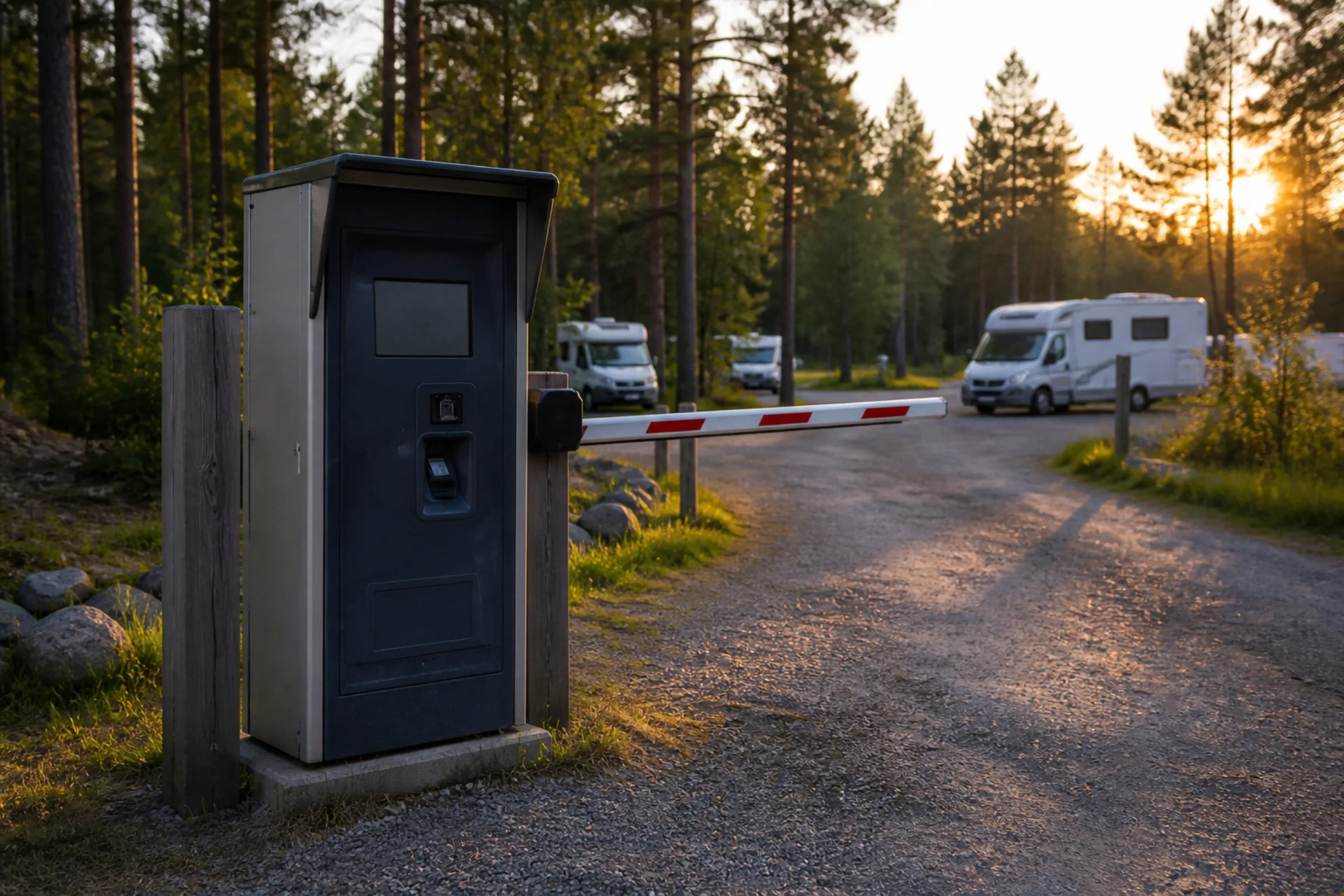 Betalautomat vid infarten till en ställplats i kvällsljus