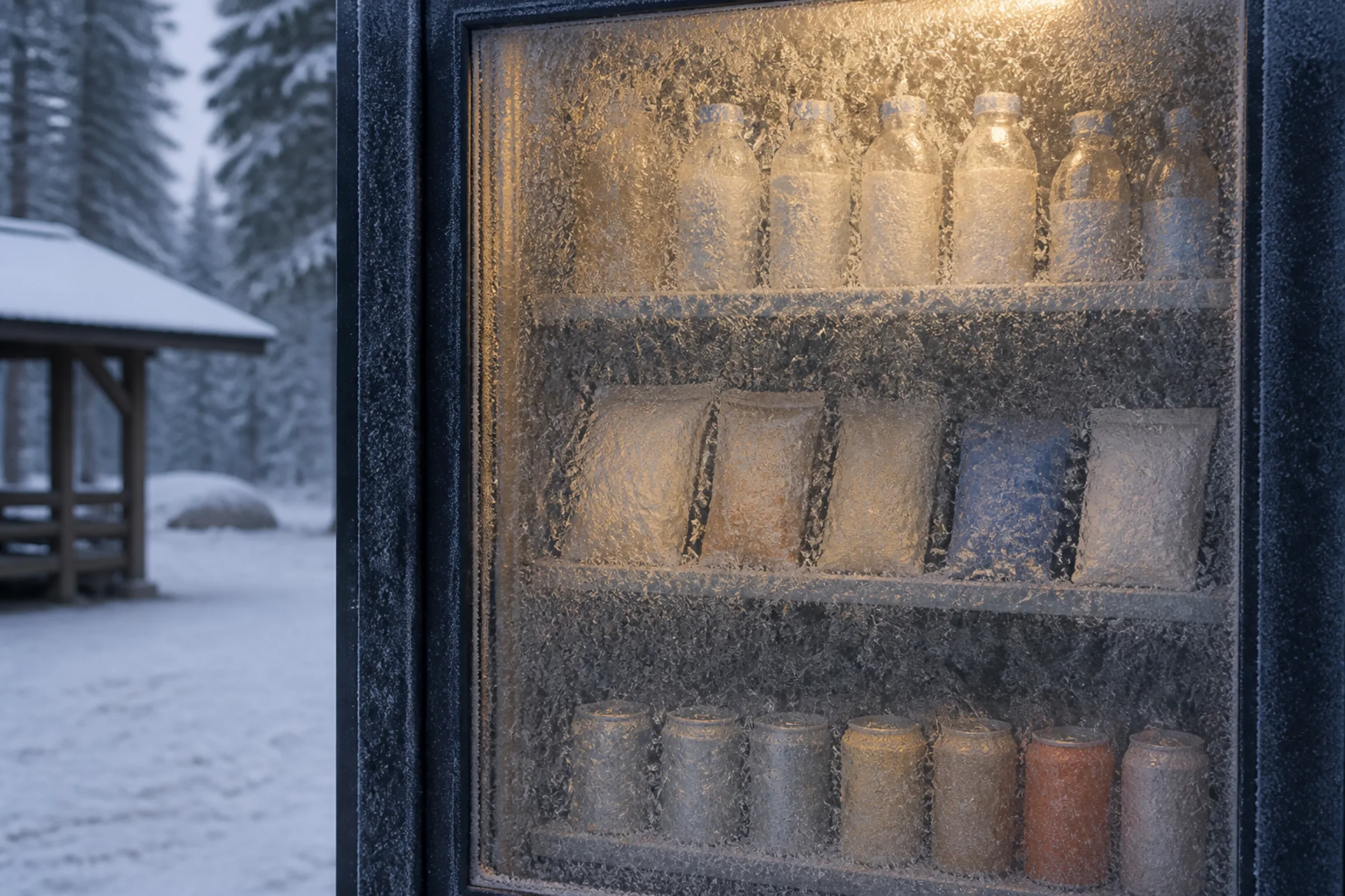 Frost på glaset till en varuautomat en vintermorgon, med snö på marken