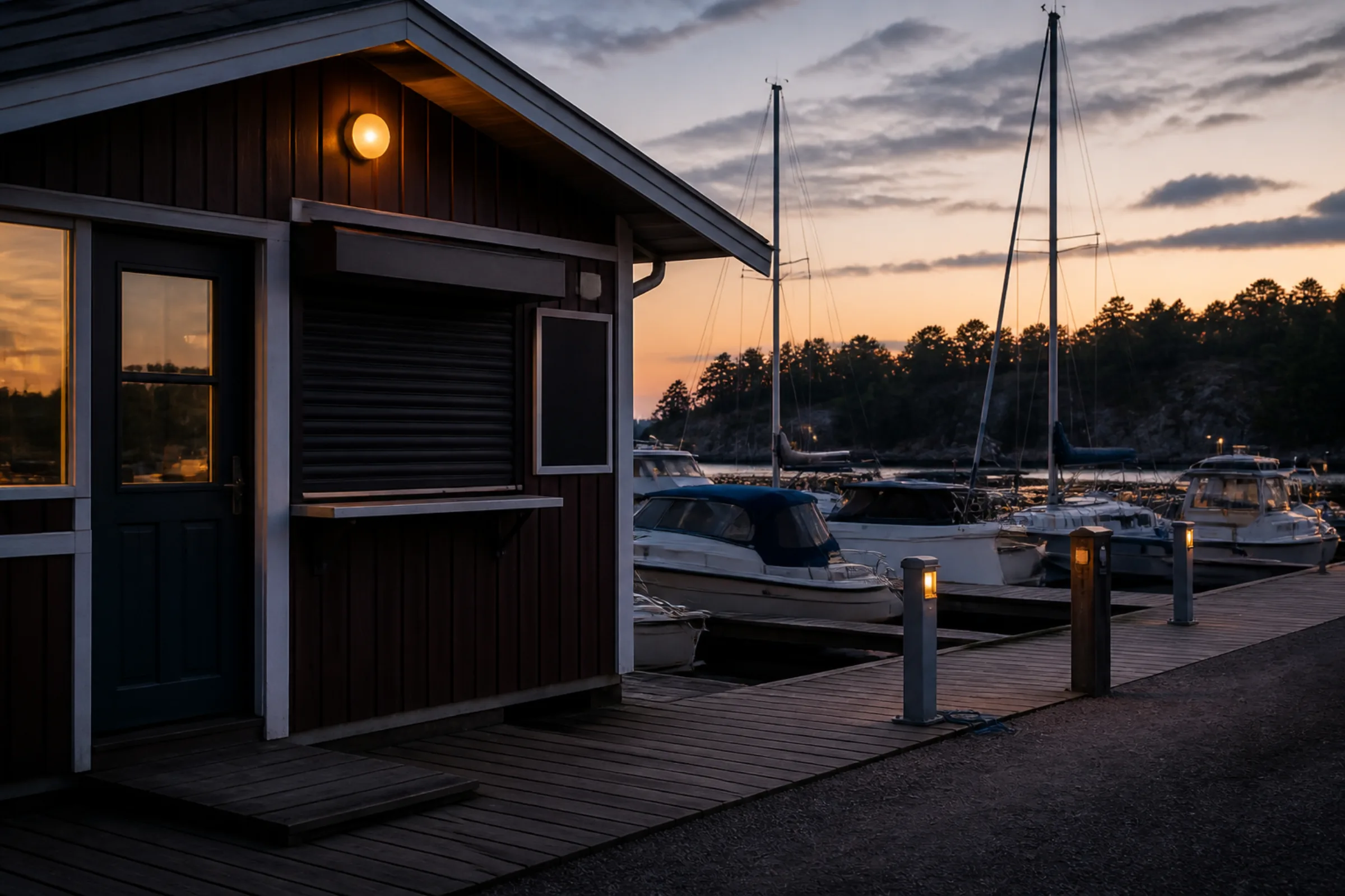Stängd hamnexpedition med båtar förtöjda utanför i skymning