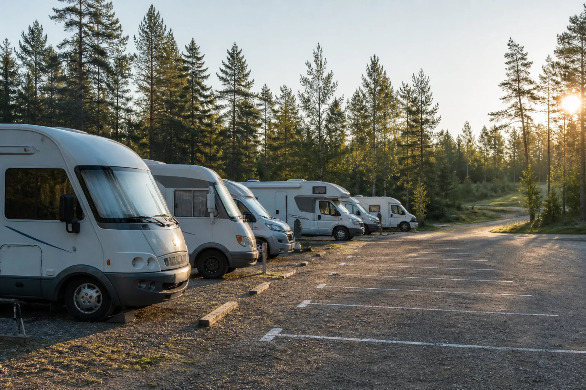 Rad av husbilar på en ställplats i tidig morgonsol med tomma rutor bredvid