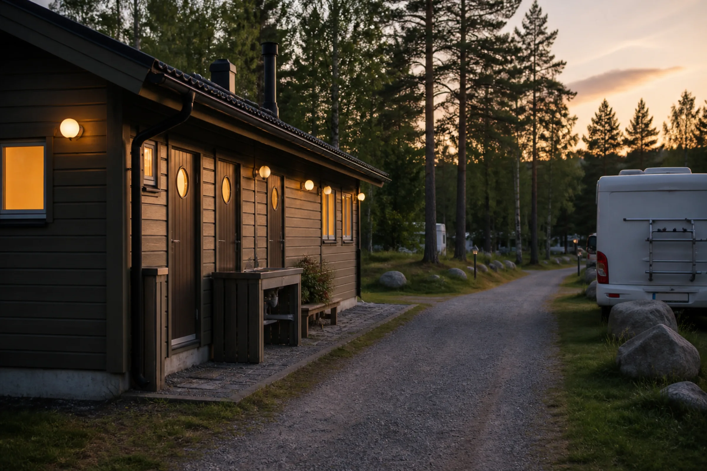 Servicehus på en campingplats i kvällsljus med gångstråk förbi